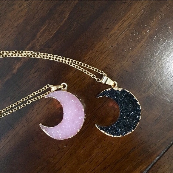 Black Druzy Crystal Resin Moon Necklace - Picture 7 of 8